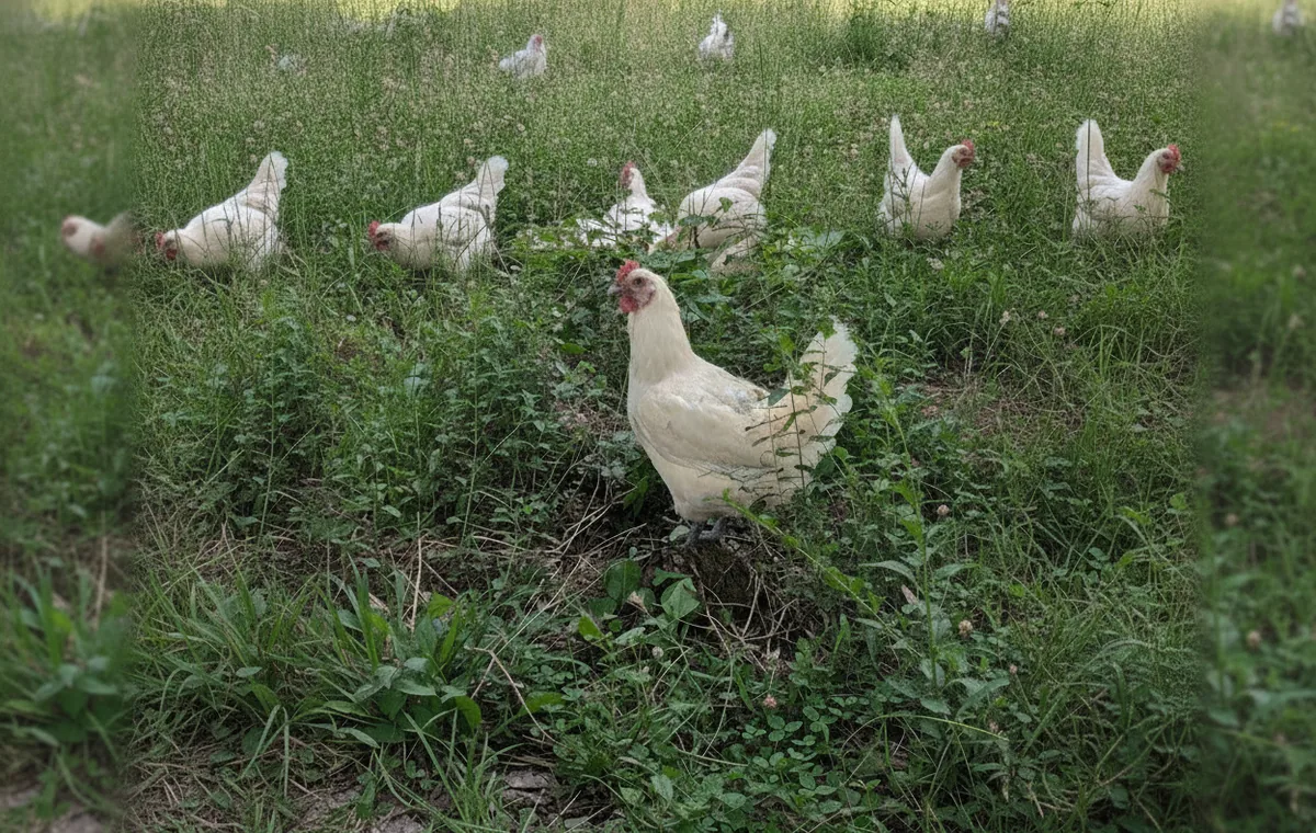 Juveniles hunting insects in tall grass at full pasture — the stage where the breed earns its name